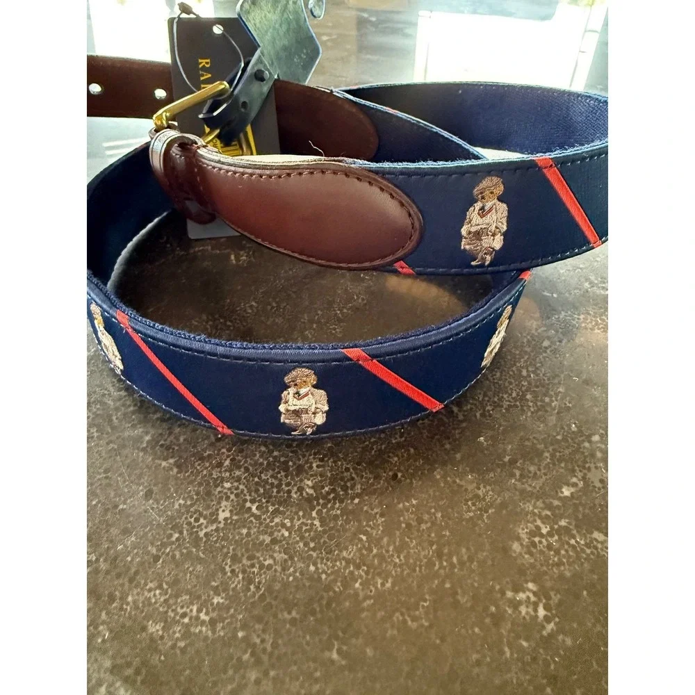 Polo Ralph Lauren Mens Polo Bear‎ Silk Leather Belt Navy Red Stripe Size 42 NEW